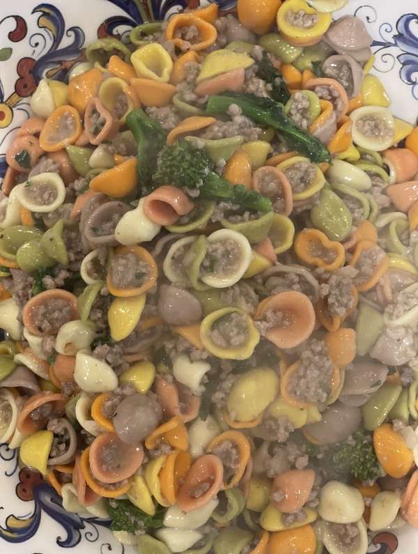 Orecchiette with veal and rapini in a white wine sauce